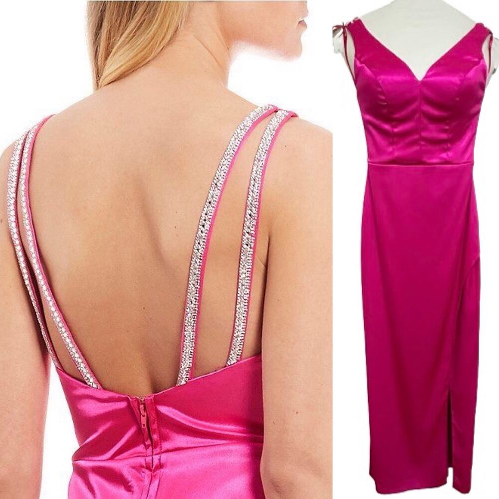 EUC City Vibe Pink Sleeveless Rhinestone Back Straps Side-Slit Dress. Size 0